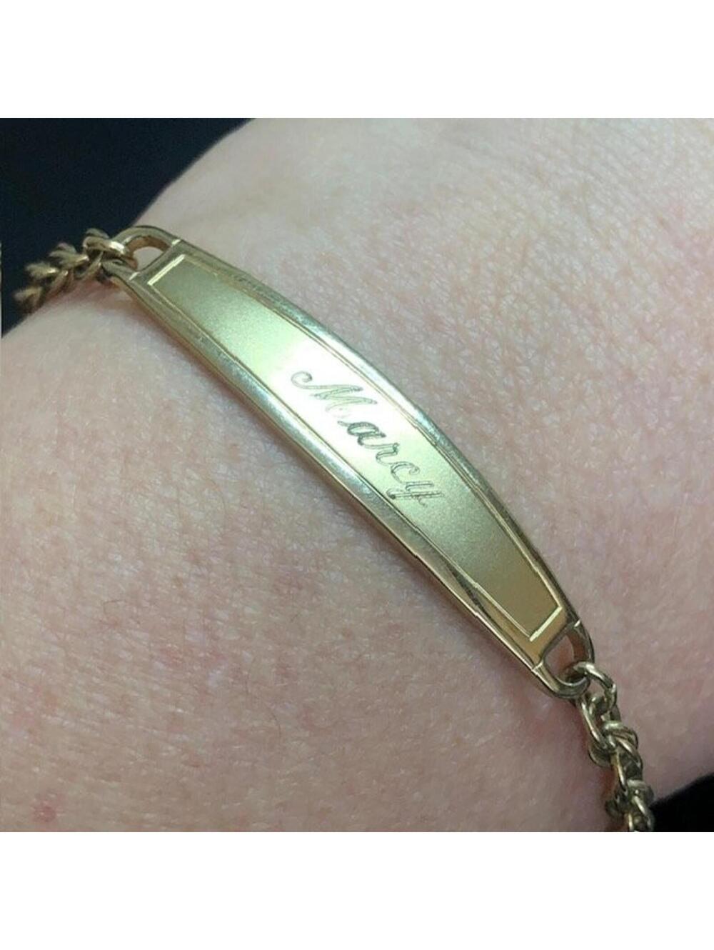 B2304 Signed Speidel USA Vintage Gold Tone ID Bracelet 7" Engraved "Marcy"